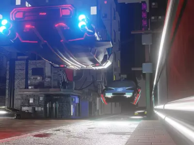 Cyber car and Cyber City landscape and scene Low-poly 3D model