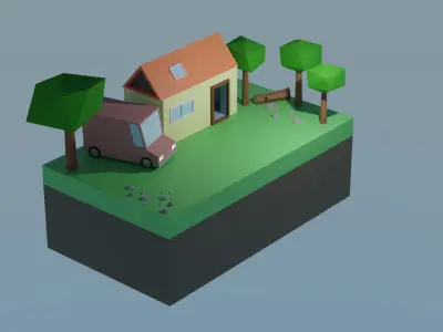 House LOW POLY on island with trees Low-poly 3D model