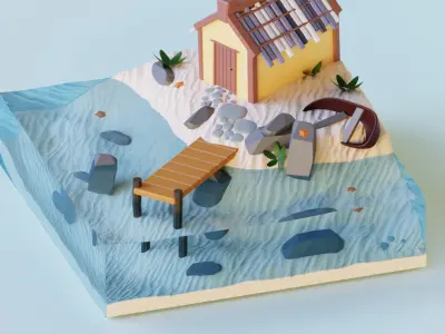 Low Poly Floating Island with Stylized Water  Low-poly 3D model