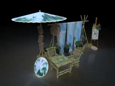 Chinese style beautiful Chen umbrella bamboo table and chair 3D model