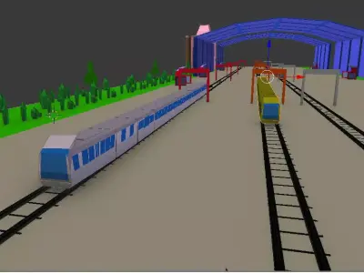 low poly Train station with tracks and buildings Low-poly 3D model
