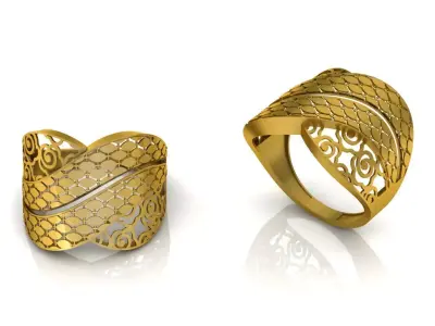 Wide gold Filigree Ring - laser cut lattice jewelry design 3D print model