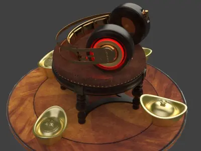 Chinese gold ingot  with neon headphone  3D model