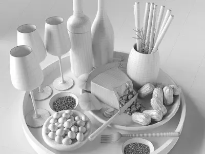Food Set Cheese Plate With Sausages and Wine  3D model