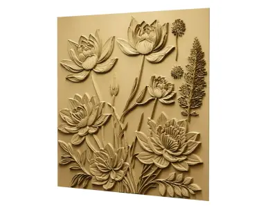 Lotus flowers wall art set relief STL panel carving CNC 261 3D model