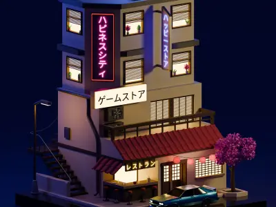Stylized Japanese City Building Low-poly 3D model
