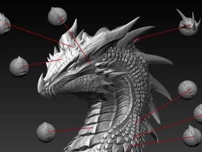 48 Scales and spikes Zbrush brushes for dragons reptiles 3D model