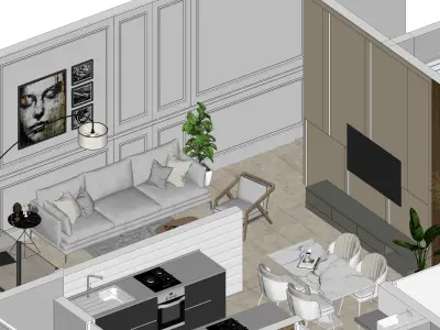 Modern 2BHK Flat Interior  with Contemporary Furniture  Low-poly 3D model