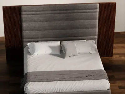Luxury Upholstered Bed with Wood Accent Panels 3D model