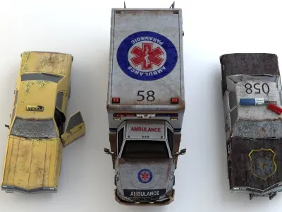 Old Rusty ambulance police and taxi car mini pack Low-poly 3D model