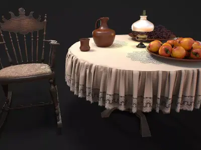 Furniture set with dishes and fruits 3d model Low-poly 3D model