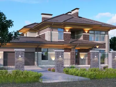 Wright-style apartment building with 2-car garage 3D model