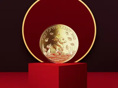 Chinese Gold Coin with Engraved Rabbit Low-poly 3D model