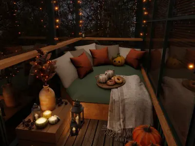 Autumn Balcony Blender Scene - EVENING 3D model