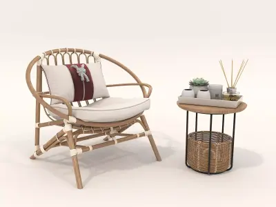 Rattan Coffee Table and Chair Set 4 3D model