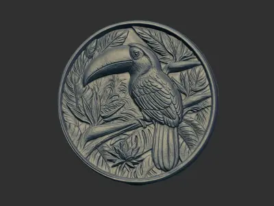  relief carving of a toucan cnc model round frame  3D print model