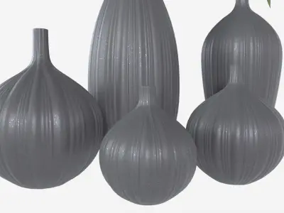 Ceramic dark vase set with plants 3D model
