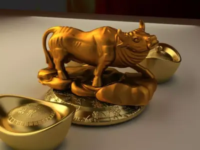 Chinese golden OX with gold ingot 3D model