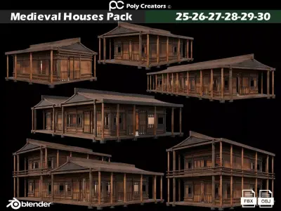Medieval Houses Pack 25-26-27-28-29-30 - 4K Textures Game Ready Low-poly 3D model