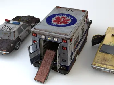 Old Rusty ambulance police and taxi car mini pack Low-poly 3D model
