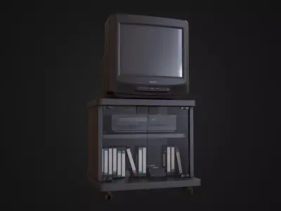 CRT Television with TV stand VCR player and VHS tapes Low-poly 3D model
