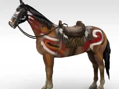 War painted horse with saddle Low-poly 3D model