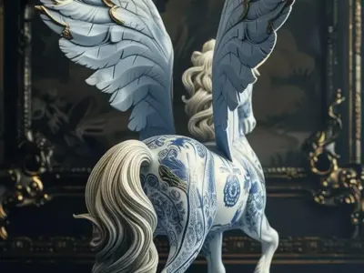 Porcelain Pegasus Winged Unicorn Gold Accents 3D Model Low-poly 3D model