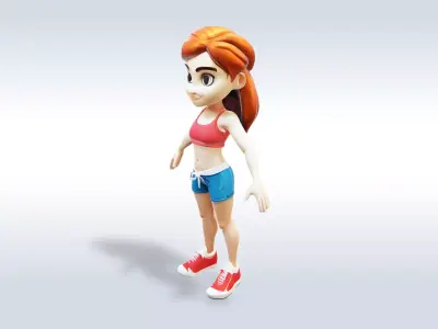 3D Cartoon character t pose muscle sport girl gym Low-poly 3D model