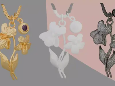 Elegant Gold Floral Pendant with Gem Low-poly 3D model