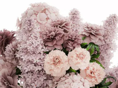 Bouquet in a glass vase flowers peony lilacs hydrangea 600 3D model