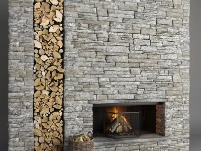 Stone Fireplace and Decor 3D model