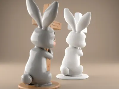 Easter Cute Bunny Hugging a Cross  playful  symbolic 2 3D print model
