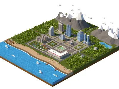 Low Poly City with mountains and water Low-poly 3D model