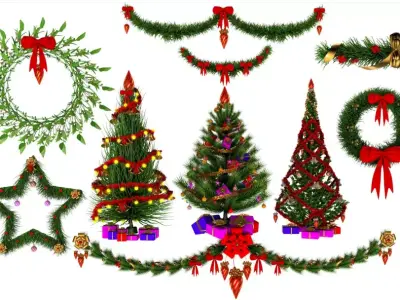 Christmas Wreath and christmas tree collection 3D model