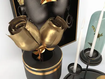 decorative set 6 gold candle holders with portrait of woman 3D model