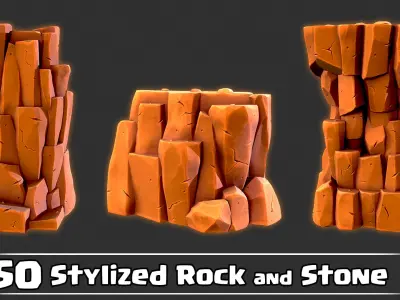 50 Stylized Rock and Stone Game Ready and IMM Brush Low-poly 3D model