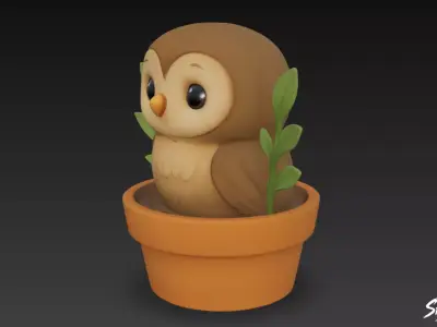 Owl in Flower Pot Low-poly 3D model