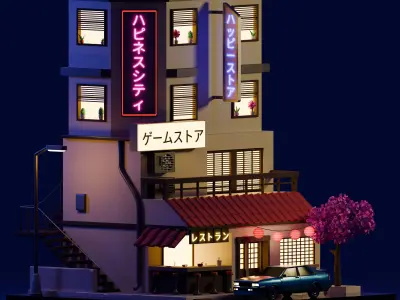 Stylized Japanese City Building Low-poly 3D model