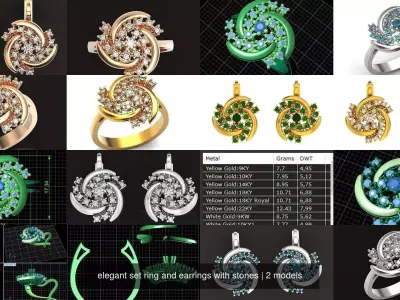 elegant set ring and earrings with stones 3D Model Pack