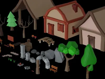Low poly Nature assets for 3D games houses trees rocks road well Low-poly 3D model