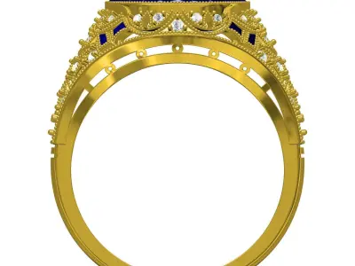 Unique Cushion Diamond Art Deco Ring 3D print model
