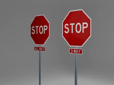 STOP Signs - ALL WAY and 3 WAY Low-poly 3D model