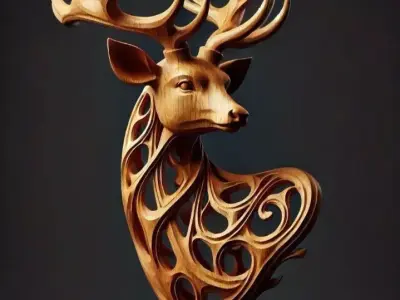 Wooden Deer Sculpture 3D Artistic Carved Stag Intricate Patterns Low-poly 3D model