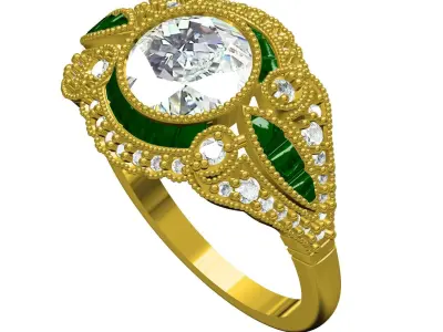 Unique Large Round Diamond Bezel Set Art Deco Ring 3D print model