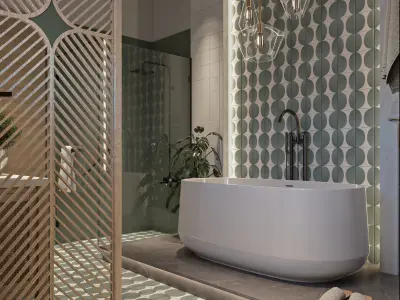 Bathroom modern with wooden floors and tiled walls 3D model