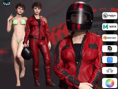 Realistic Biker Model with Helmet and Racing Gear Low-poly 3D model