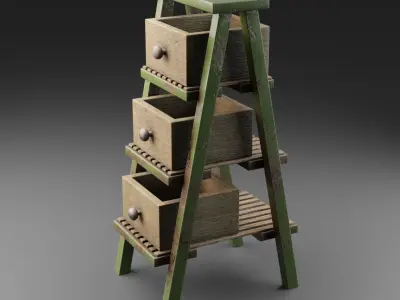 Stair wooden ladder with three drawers Low-poly 3D model