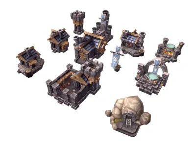 RTS Human Building Set - Low Poly Hand Painted Low-poly 3D model