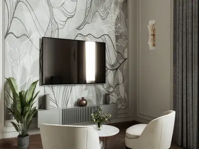bedroom with walls and chandelier Low-poly 3D model