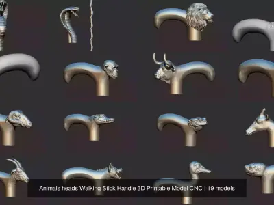 Animals heads Walking Stick Handle 3D Printable Model CNC 3D Model Collection